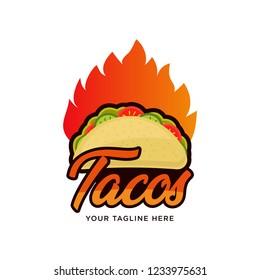 Stylized hot, freshly made Mexican taco logo template, vector illustration isolated on white background. taco logo, badges, banners, emblem for restaurant. Vector illustration.