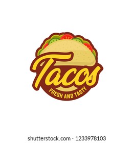 Stylized hot, freshly made Mexican taco logo template, vector illustration isolated on white background. taco logo, badges, banners, emblem for restaurant. Vector illustration.