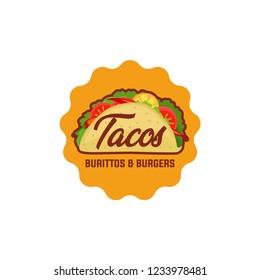 Stylized hot, freshly made Mexican taco logo template, vector illustration isolated on white background. taco logo, badges, banners, emblem for restaurant. Vector illustration.