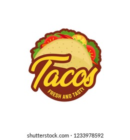 Stylized hot, freshly made Mexican taco logo template, vector illustration isolated on white background. taco logo, badges, banners, emblem for restaurant. Vector illustration.