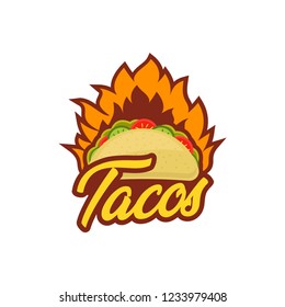 Stylized hot, freshly made Mexican taco logo template, vector illustration isolated on white background. taco logo, badges, banners, emblem for restaurant. Vector illustration.