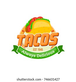 Stylized hot, freshly made Mexican taco logo template, vector illustration isolated on white background, street food icon Vector Illustration Logo Template
