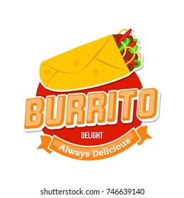 Stylized hot, freshly made Mexican burrito logo template, vector illustration isolated on white background,Mexican burrito logotype template