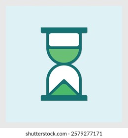 Stylized hourglass icon illustration in teal with a white background and green sand