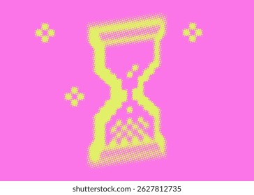 Stylized hourglass shape vector illustration on pink background. Timer halftone dot pattern. Abstract grunge overlay texture. Retro bold dotted yellow green design element
