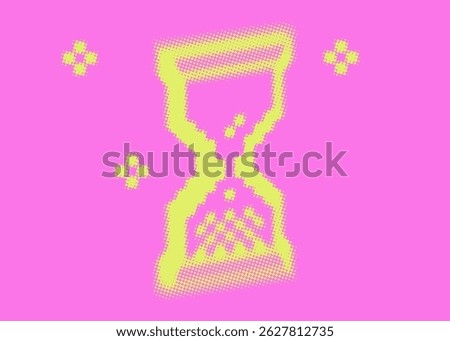 Stylized hourglass shape vector illustration on pink background. Timer halftone dot pattern. Abstract grunge overlay texture. Retro bold dotted yellow green design element