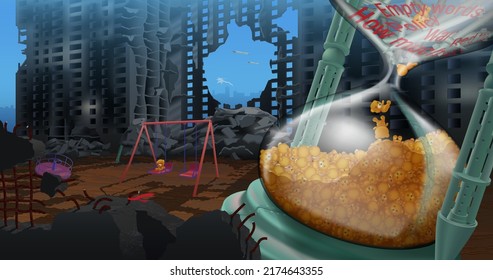 The stylized hourglass under the rubble counts down rockets that turn into teddy bears symbolizing children's lives. Damaged residential building with a children's swings in the yard.