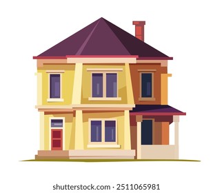 stylized house flat vector illustration of a yellow house with a red door and brown roof the house features multiple windows a front porch and chimney vibrant colors and simple shapes