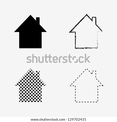 Stylized House Icons – Solid, Sketch, Dotted and Dashed Variants in 2x2 Grid. A minimalist graphic featuring four stylized representations of a house icon arranged in a 2x2 grid. Each icon uses a distinct visual treatment: solid black fill, rough sketch outline, dotted pattern, and dashed contour. These variations demonstrate different design techniques for representing the same shape, making the image ideal for themes related to architecture, housing, user interface design, branding, or visual communication. Suitable for use in infographics, UI, UX layouts, educational materials, or icon sets.