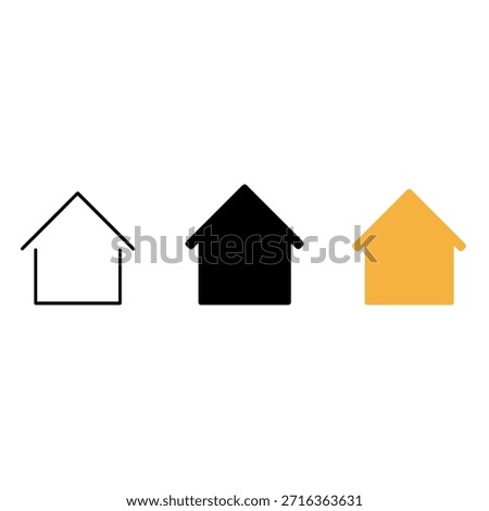 Stylized house illustrations in three styles
Three house icons arranged side by side in black, white, and yellow. Each features a triangular roof and square base.