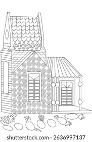 Stylized House Line Drawing with Candy, Black and white line drawing of a whimsical, stylized house with decorative patterns on the walls and roof, accompanied by various candies in front. Ideal for