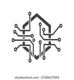 A stylized house shape formed by circuit board elements and wires, symbolizing smart home technology and digital connectivity.