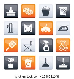 Stylized Household objects and tools icons over color background - vector icon set