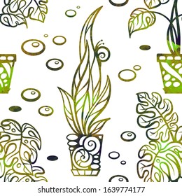 Stylized houseplants colorful seamless pattern. Cozy watercolor style background.