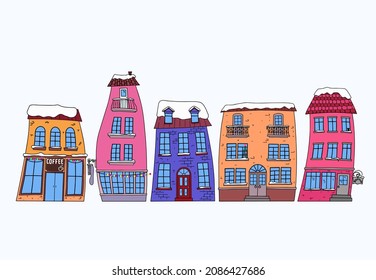 Stylized houses in the winter season. Design element. Isolated on light background.