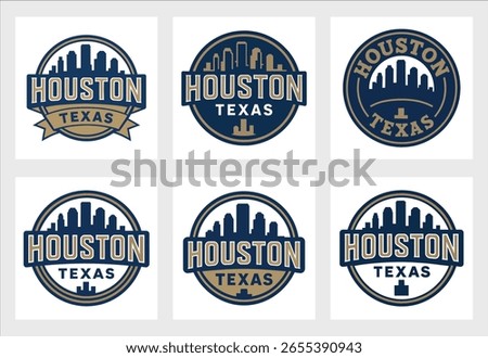 Stylized Houston skyline emblem featuring iconic city landmarks and urban elements. Perfect for Texas tourism or branding projects.