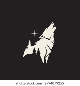 Stylized howling gray wolf merges with jagged mountain silhouette, highlighted by a crescent moon and distant stars, set against a stark black backdrop, evoking wild freedom and nocturnal mystery