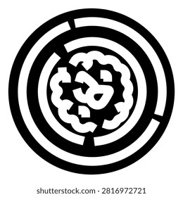Stylized human brain at the center of a challenging circular maze, symbolizing complex thought processes, intellectual exploration, memory, and finding solutions to mental puzzles
