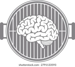 A stylized a human brain resting on a grill grate, symbolizing intense thought, mental pressure, or a 