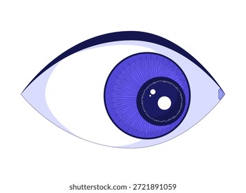 Olho humano estilizado com íris azul que olha para o objeto 2D do desenho animado. Foco na pupila. Percepção da visão. Anatomia artística. Símbolo de visão elemento isolado plano vetor clip art no branco. Ilustração pontual
