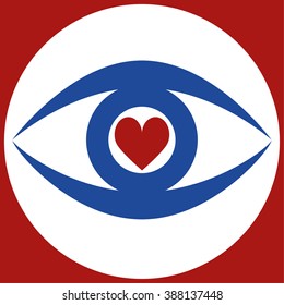 Stylized human eye in blue with a red heart shape in the pupil area
