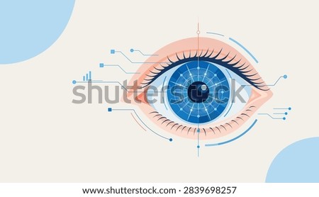 Stylized human eye with a digital neural network, scanning interface and connected data elements, combining medical anatomy with artificial intelligence and advanced technology. Modern flat vector illustration representing digital vision, ophthalmology, biometric identification, computer vision, healthcare innovation and the future of medical technology. Clean composition with copy space, suitable for presentations, websites, healthcare publications, technology backgrounds and editorial design.