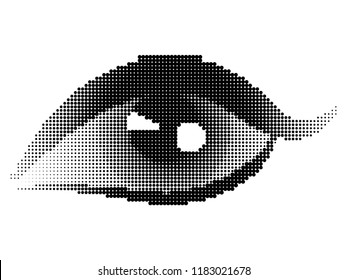 Stylized human eye with halftone effect in black and white.