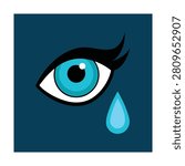 Stylized human eye with long black eyelashes and a single falling blue teardrop on a dark navy square background