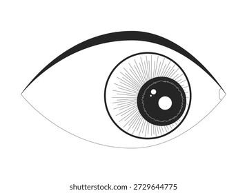 Olho humano estilizado com íris texturizada olhando objeto de linha 2D. Foco na pupila. Percepção visual. Anatomia artística. Símbolo de visão isolado clipart vetor tinta outline item. Ilustração monocromática
