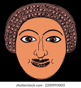 Stylized human face. Ancient Greek design. Antique ethnic mask. Hand drawn colorful doodle sketch. On black background.