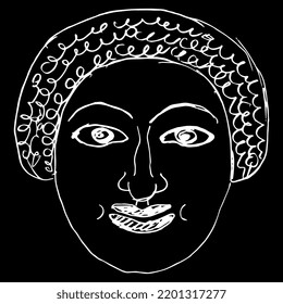 Stylized human face. Ancient Greek design. Antique ethnic mask. Hand drawn linear doodle rough sketch. White silhouette on black background.
