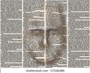 Stylized human face of the extruded surface newspaper page. Vector seamless pattern with newspaper columns. Text in newspaper page unreadable.