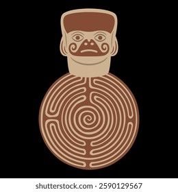 Stylized human face on a round spiral maze or labyrinth symbol. Native American art of Moche Indians. Enigma of ancient Peru.