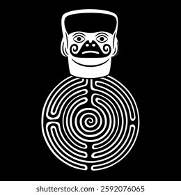 Stylized human face on a round spiral maze or labyrinth symbol. Native American art of Moche Indians. Enigma of ancient Peru. Black and white silhouette.
