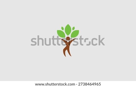 Stylized human figure with arms raised supports bright green leaves representing growth, health, and natural environmental wellbeing in a clean logo design.