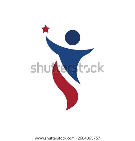 A stylized human figure in blue reaches upwards towards a red star, with flowing red and blue elements suggesting movement and aspiration.