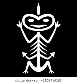 Stylized human figure from Chatham Island. Maori symbol. White silhouette on black background.