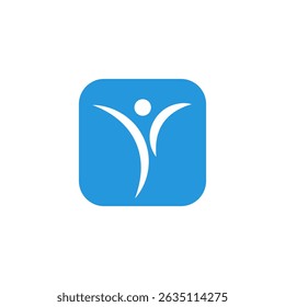a stylized human figure in light blue with arms outstretched upwards and flowing lines forming the body. It conveys feelings of freedom, joy, aspiration, or well-being.