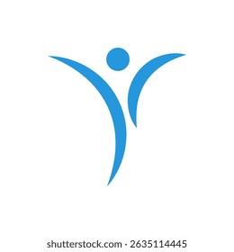 a stylized human figure in light blue with arms outstretched upwards and flowing lines forming the body. It conveys feelings of freedom, joy, aspiration, or well-being.