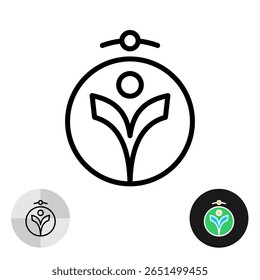 Logotipo estilizado de figura humana em um quadro circular. Símbolo de silhueta de pessoas com as mãos para cima. Psicologia ou tema esotérico fino ícone de linha preta. Traçado editável.