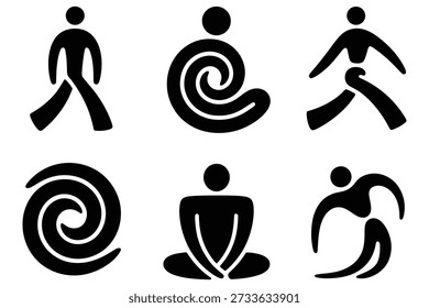 Figuras humanas estilizadas em movimento e meditação preto
