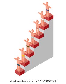 Stylized human figures on podium. Business graph, financial or personality progress, success. Vector cube shape evoking ascending staircase. Isolated illustration, isometric exploration icon symbol