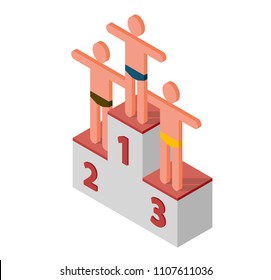 Stylized human figures on podium. Business graph, financial or personality progress, success. Vector cube shape evoking ascending staircase. Isolated illustration, isometric exploration icon symbol