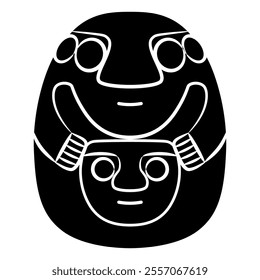 Stylized human figurine holding a mask or head. Indigenous Native American design from ancient Peru. Recuay culture. Black and white silhouette.