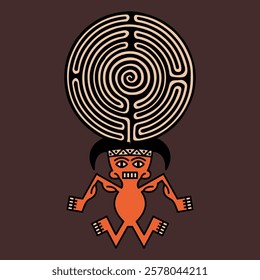 Stylized human figurine holding a round spiral maze or labyrinth symbol. Indigenous Native American design from ancient Peru. Recuay culture. 