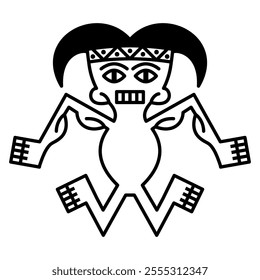 Stylized human figurine. Indian man. Indigenous Native American design from ancient Peru. Recuay culture. Black and white silhouette.