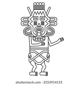 Stylized human figurine from Paracas. Indigenous ethnic Native American design from ancient Peru. Black and white linear silhouette.