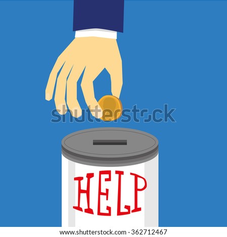 Stylized human hand dropping a gold coin into a donation box with the word Help in hand drawn red text on the outside