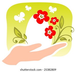 Stylized human hand with easter egg. Easter illustration.