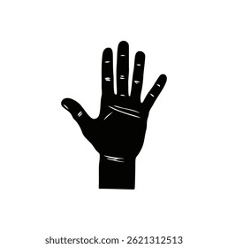 Stylized human hand in a monochrome dark tone featuring five fingers outstretched in an open gesture, flat vector drawing on a transparent background